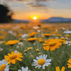 Flower field with calendula and daisy flowers