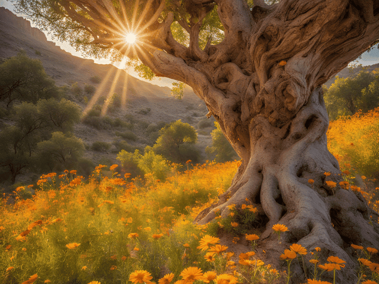 Tree with flowers and sunshine